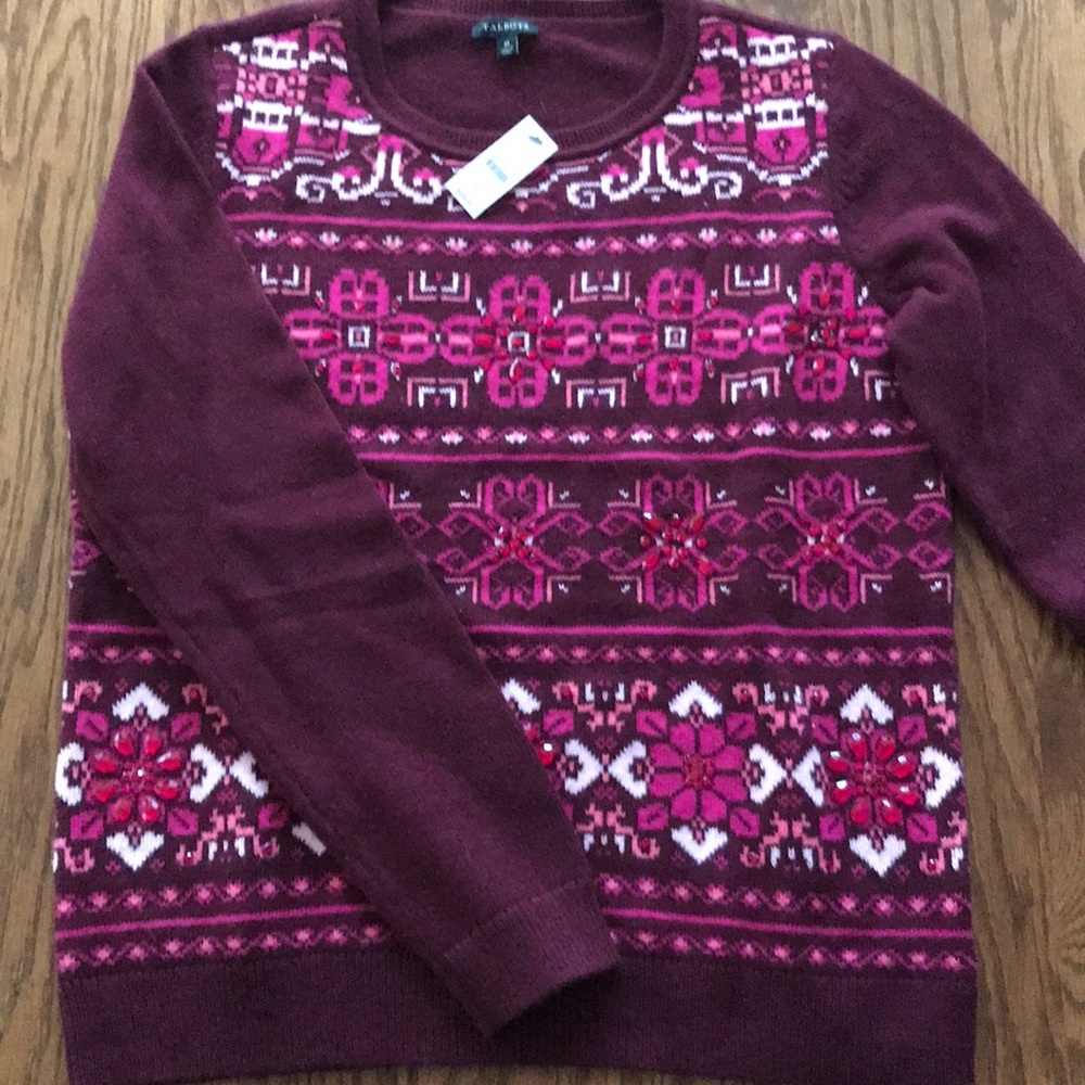 Talbots Beaded Fair Isle Magenta Sweater